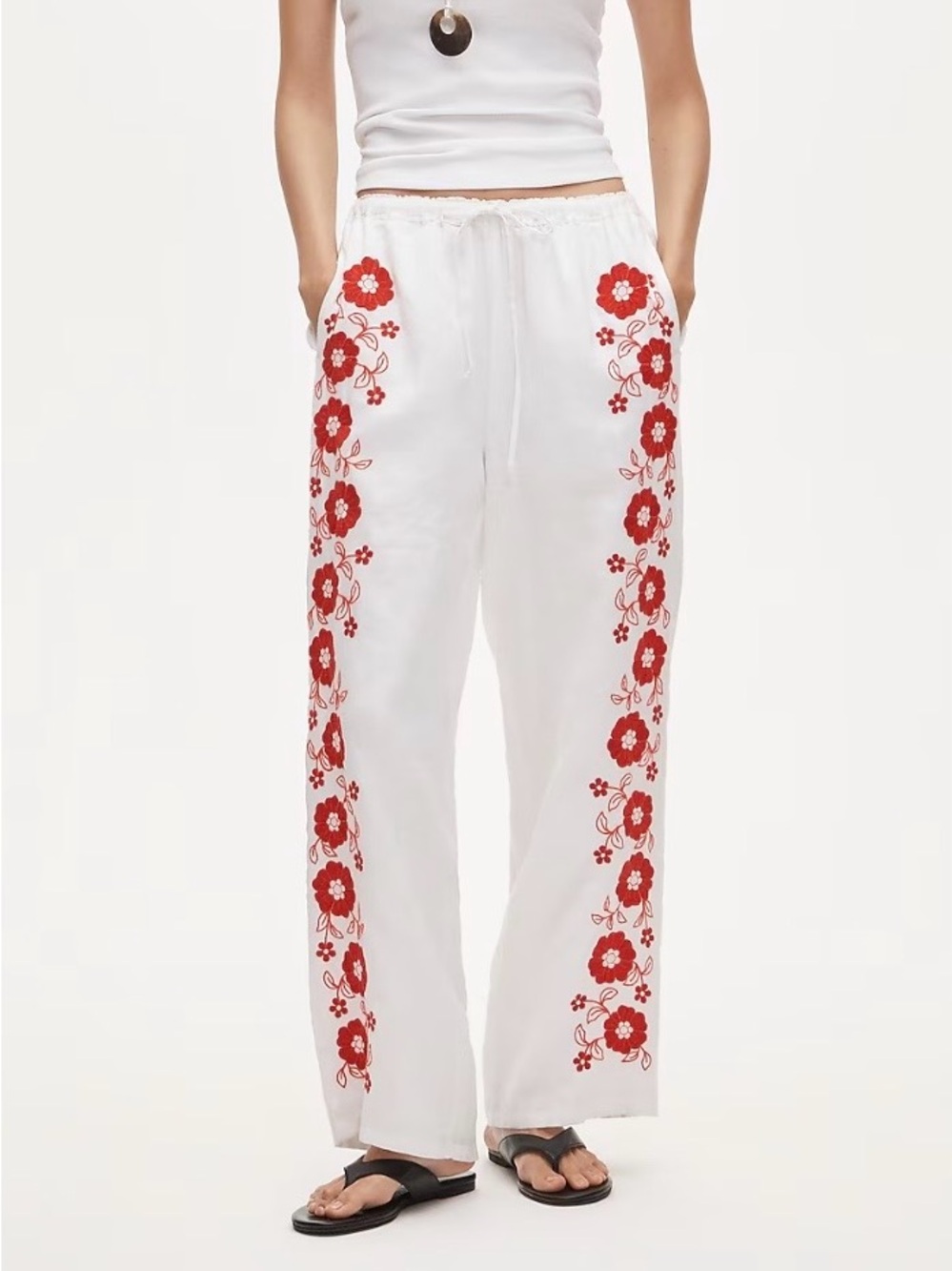 White Wide-Leg Linen Pants with Red Floral Embroidery